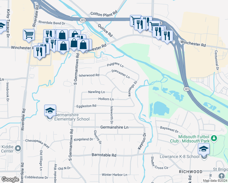 map of restaurants, bars, coffee shops, grocery stores, and more near 3824 Isleworth Drive in Memphis