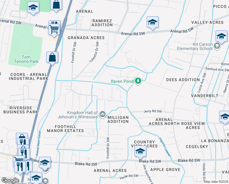 map of restaurants, bars, coffee shops, grocery stores, and more near 2101 Castanada Street Southwest in Albuquerque