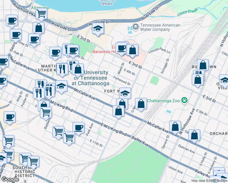 map of restaurants, bars, coffee shops, grocery stores, and more near 900 Vine Street in Chattanooga