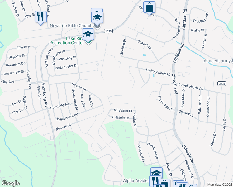 map of restaurants, bars, coffee shops, grocery stores, and more near 7719 Temperance Drive in Fayetteville