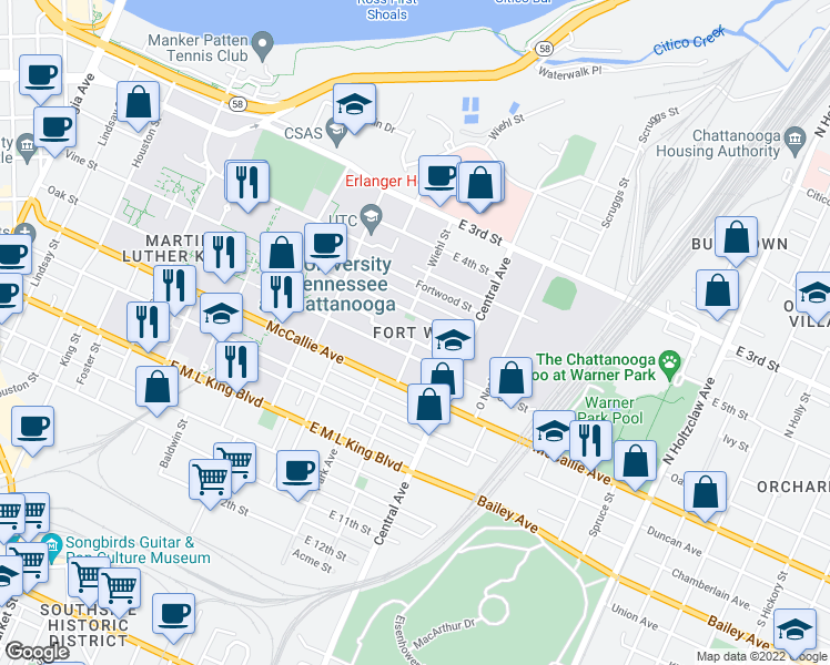 map of restaurants, bars, coffee shops, grocery stores, and more near 870 Vine Street in Chattanooga