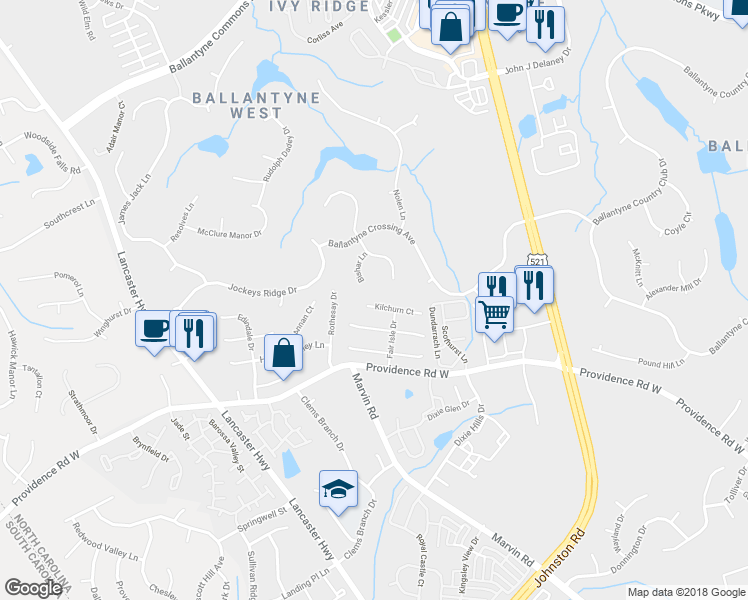 map of restaurants, bars, coffee shops, grocery stores, and more near 10524 Kilchurn Court in Charlotte