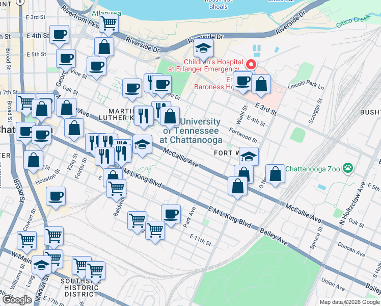 map of restaurants, bars, coffee shops, grocery stores, and more near 656 Palmetto Street in Chattanooga