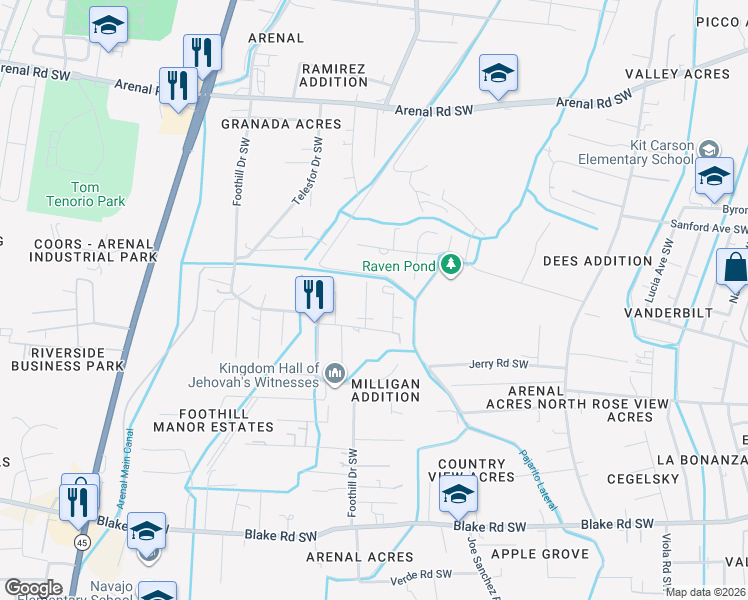 map of restaurants, bars, coffee shops, grocery stores, and more near 2101 Castanada Street Southwest in Albuquerque