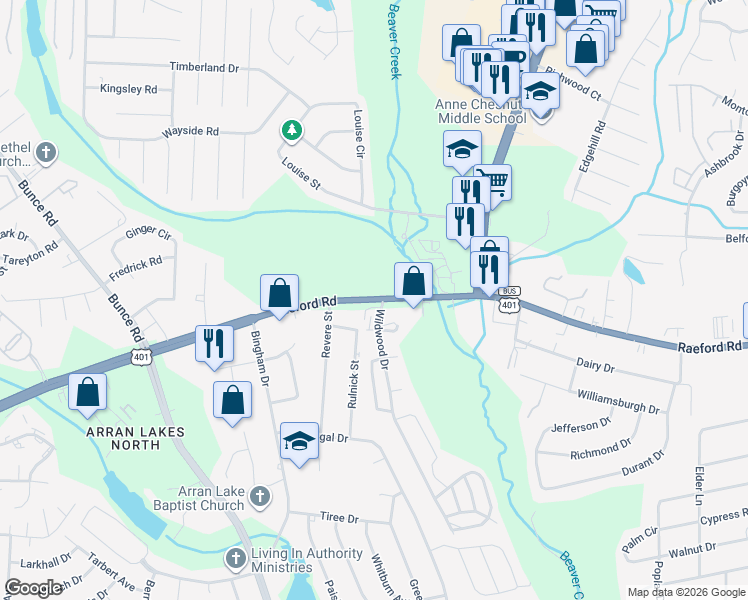 map of restaurants, bars, coffee shops, grocery stores, and more near 6100-6146 Raeford Road in Fayetteville