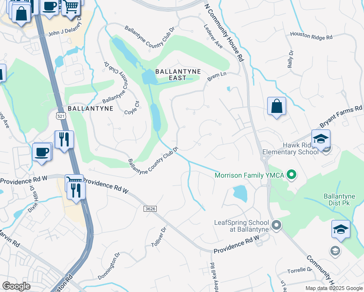 map of restaurants, bars, coffee shops, grocery stores, and more near 15631 Ballantyne Country Club Drive in Charlotte