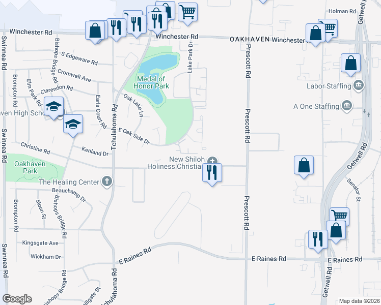 map of restaurants, bars, coffee shops, grocery stores, and more near 3430 High Bridge Drive in Memphis
