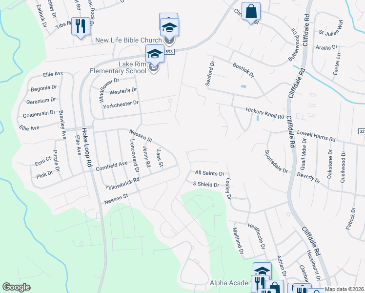 map of restaurants, bars, coffee shops, grocery stores, and more near 1490 Stackhouse Drive in Fayetteville