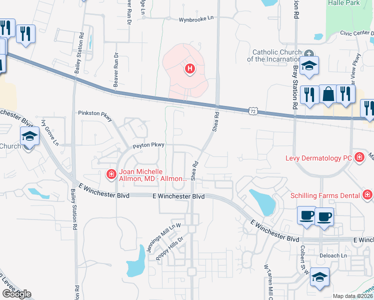 map of restaurants, bars, coffee shops, grocery stores, and more near 1492 Turtle Creek Drive in Collierville