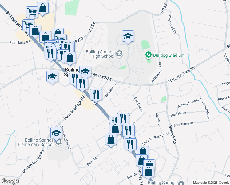 map of restaurants, bars, coffee shops, grocery stores, and more near 137 Outlook Drive in Boiling Springs