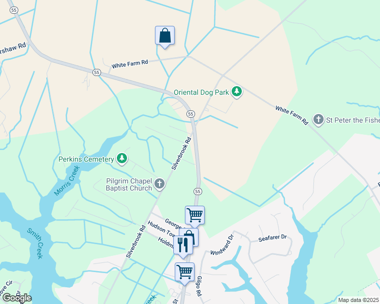 map of restaurants, bars, coffee shops, grocery stores, and more near 1444 Silverbrook Road in Oriental