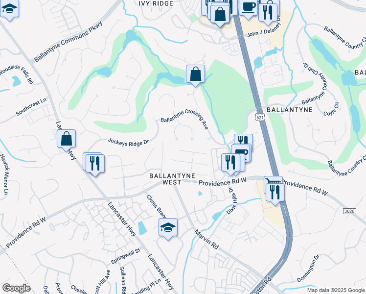 map of restaurants, bars, coffee shops, grocery stores, and more near 10524 Kilchurn Court in Charlotte