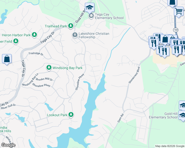 map of restaurants, bars, coffee shops, grocery stores, and more near 306 Wave Crest Drive in Tega Cay