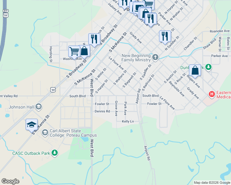 map of restaurants, bars, coffee shops, grocery stores, and more near 505 Morris Avenue in Poteau