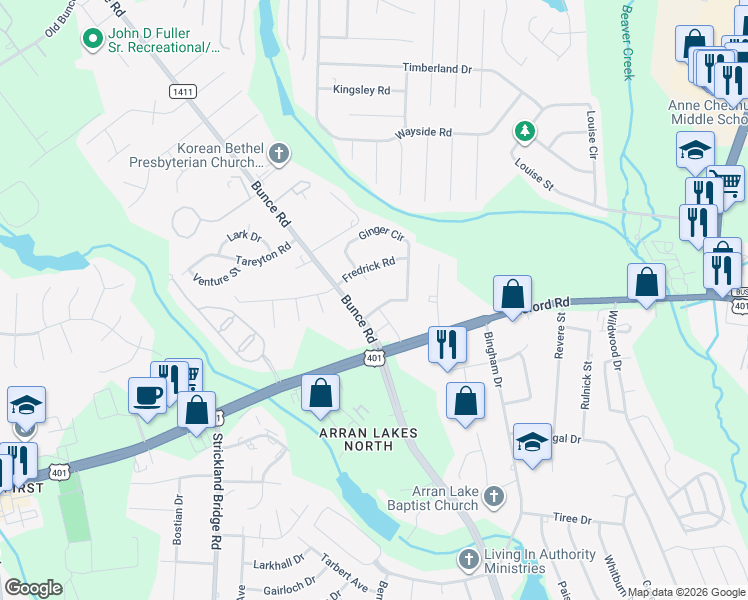 map of restaurants, bars, coffee shops, grocery stores, and more near 6450 Wilson Avenue in Fayetteville