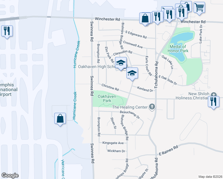 map of restaurants, bars, coffee shops, grocery stores, and more near 3077 Christine Road in Memphis