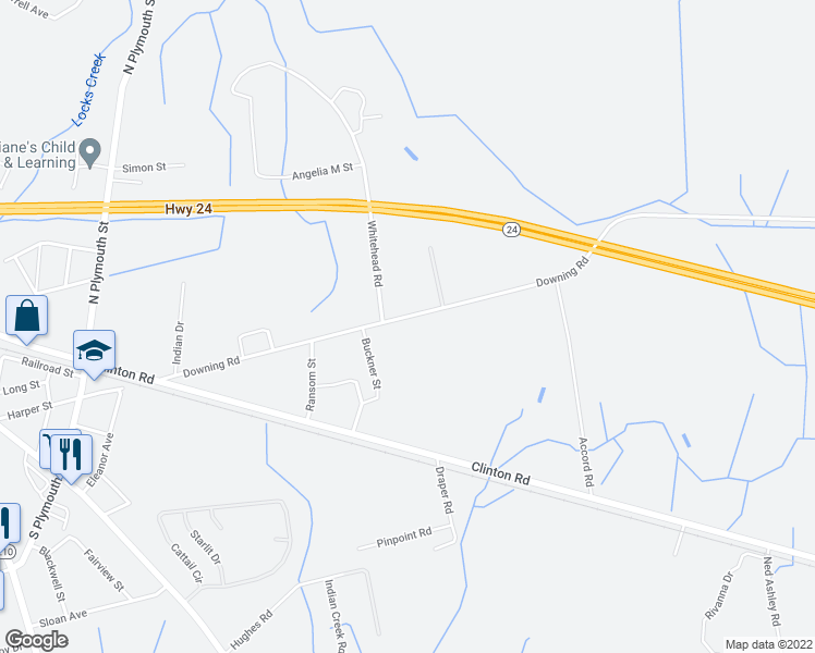 map of restaurants, bars, coffee shops, grocery stores, and more near 2426 Downing Road in Fayetteville