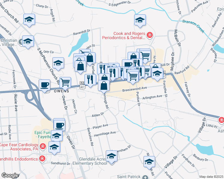 map of restaurants, bars, coffee shops, grocery stores, and more near 2932 Breezewood Avenue in Fayetteville