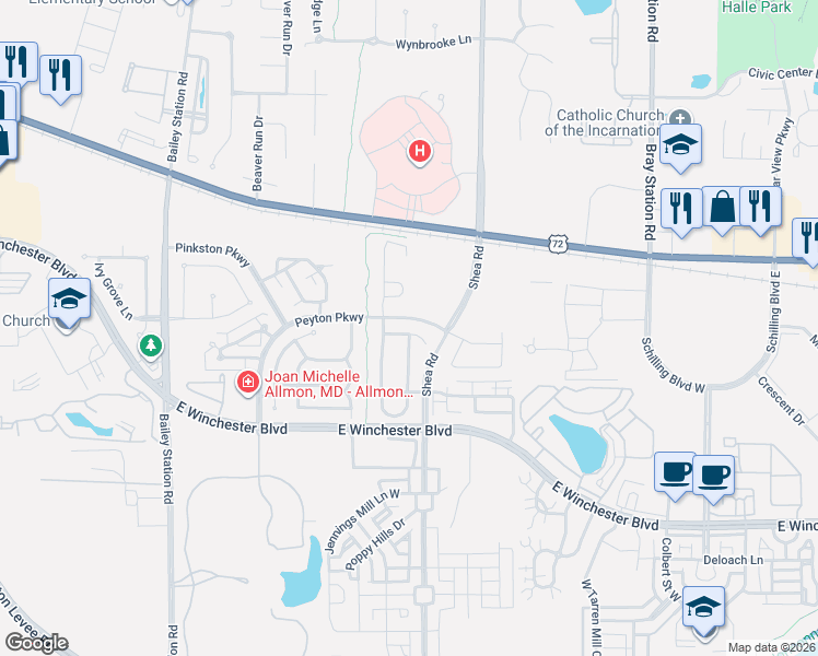 map of restaurants, bars, coffee shops, grocery stores, and more near 1492 Turtle Creek Drive in Collierville