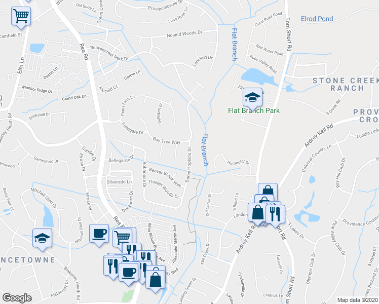map of restaurants, bars, coffee shops, grocery stores, and more near Darcy Hopkins Drive in Charlotte