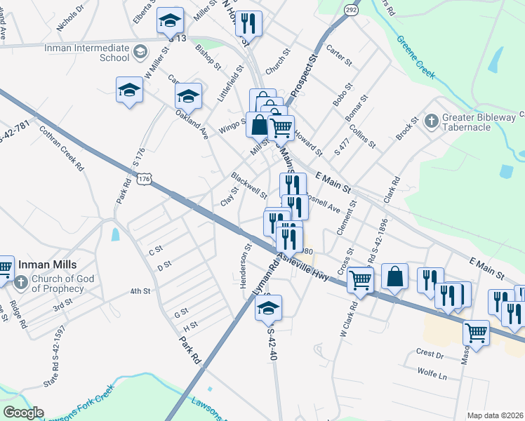 map of restaurants, bars, coffee shops, grocery stores, and more near 28 Blackstock Road in Inman