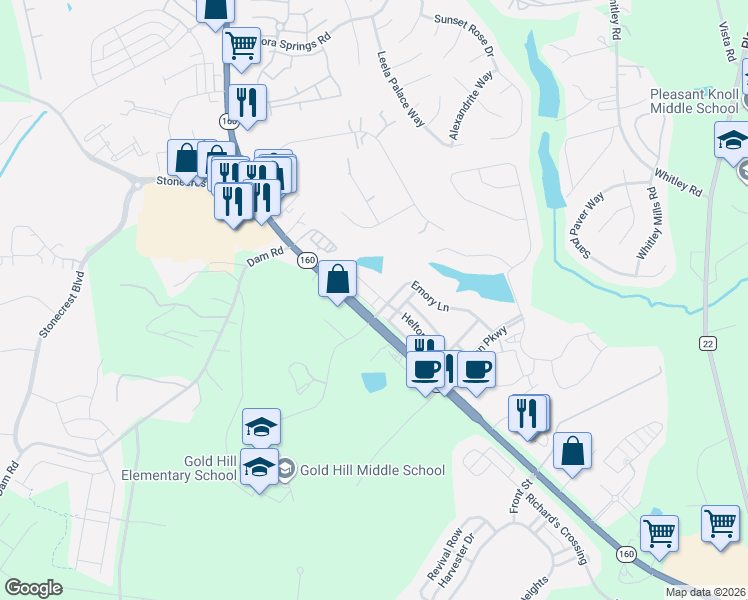map of restaurants, bars, coffee shops, grocery stores, and more near 157 Helton Lane in Fort Mill