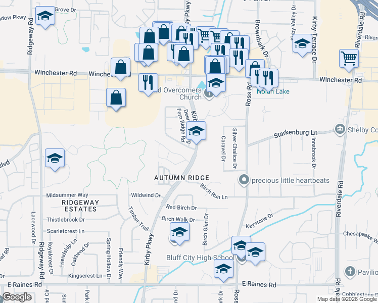 map of restaurants, bars, coffee shops, grocery stores, and more near 3815 Deer Forest Drive in Memphis