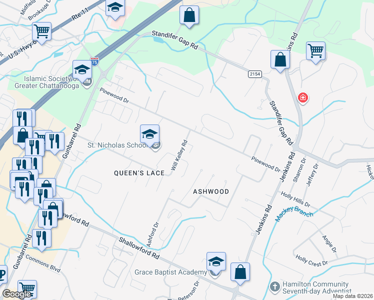 map of restaurants, bars, coffee shops, grocery stores, and more near 2522 Will Kelley Road in Chattanooga
