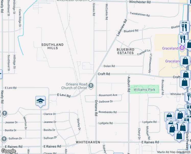 map of restaurants, bars, coffee shops, grocery stores, and more near 3829 Orleans Road in Memphis