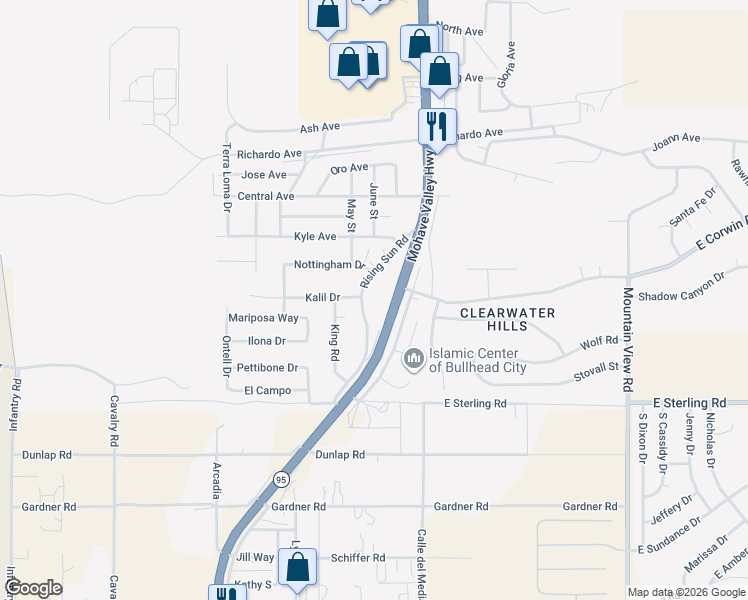 map of restaurants, bars, coffee shops, grocery stores, and more near 3860 Rising Sun Road in Bullhead City