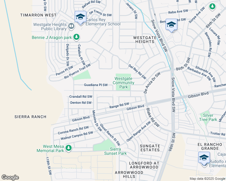 map of restaurants, bars, coffee shops, grocery stores, and more near Cartagena Avenue Southwest in Albuquerque
