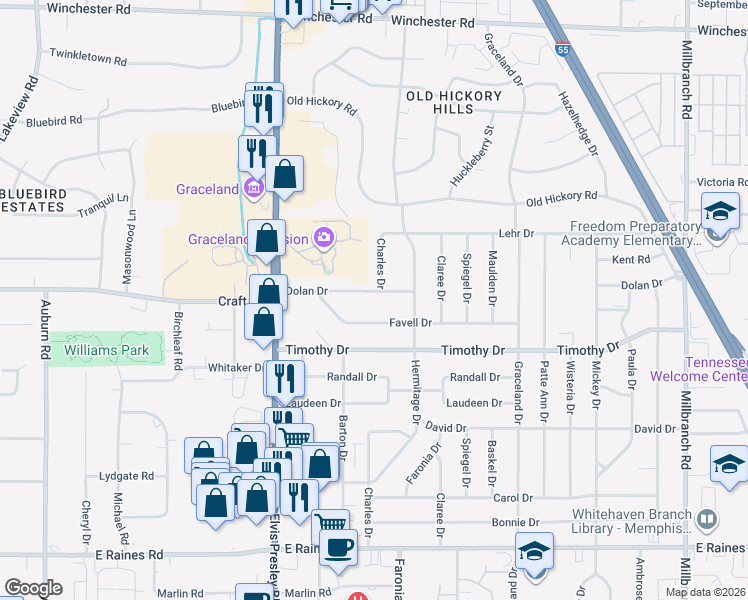 map of restaurants, bars, coffee shops, grocery stores, and more near 1289 Dolan Drive in Memphis