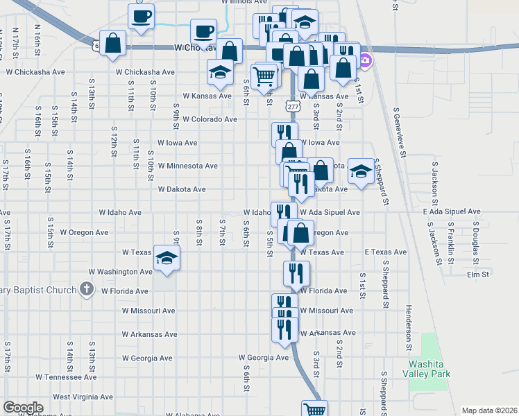 map of restaurants, bars, coffee shops, grocery stores, and more near 619 South 6th Street in Chickasha
