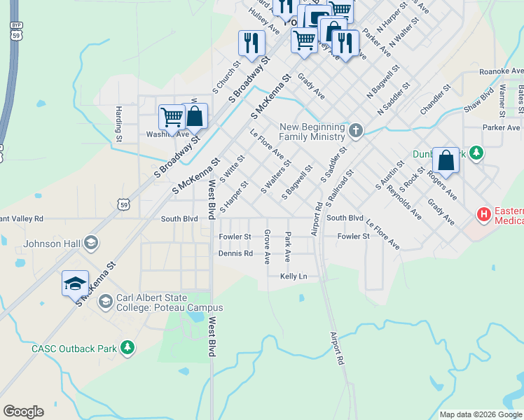 map of restaurants, bars, coffee shops, grocery stores, and more near 505 Morris Avenue in Poteau