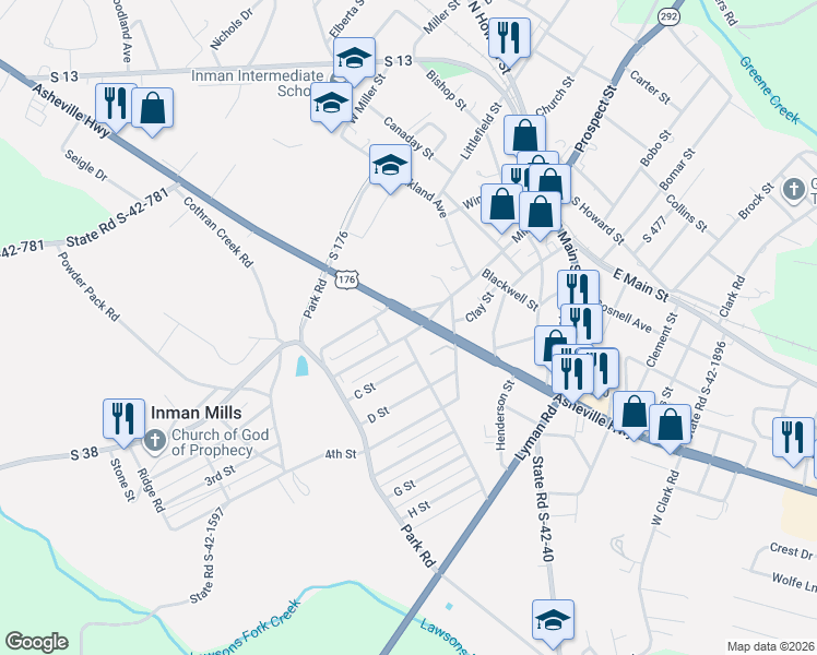 map of restaurants, bars, coffee shops, grocery stores, and more near 18 A Street in Inman