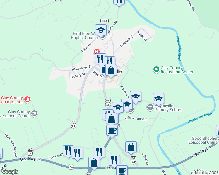 map of restaurants, bars, coffee shops, grocery stores, and more near 186 May Street in Hayesville