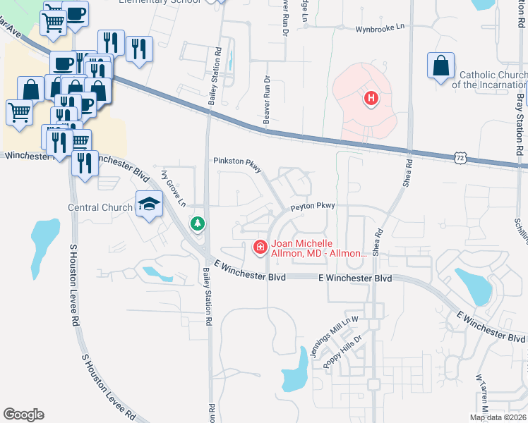 map of restaurants, bars, coffee shops, grocery stores, and more near 1768 Yancey Circle North in Collierville