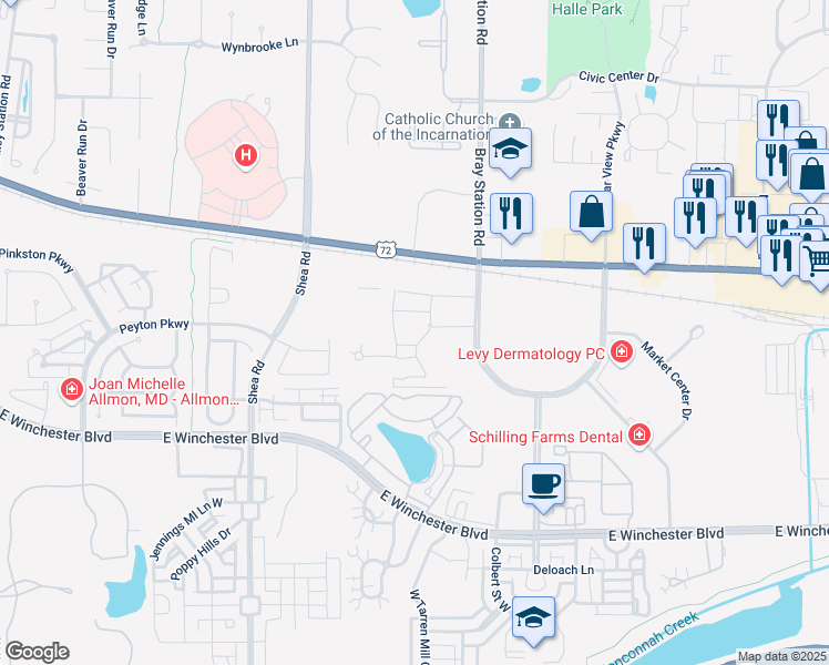 map of restaurants, bars, coffee shops, grocery stores, and more near 1425 West Poplar Avenue in Collierville
