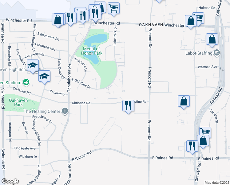 map of restaurants, bars, coffee shops, grocery stores, and more near 3430 High Bridge Drive in Memphis