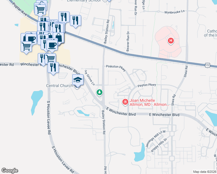 map of restaurants, bars, coffee shops, grocery stores, and more near 1853 Northcross Place South in Collierville