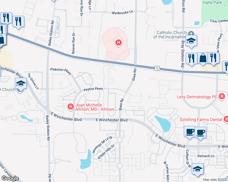 map of restaurants, bars, coffee shops, grocery stores, and more near 1492 Turtle Creek Drive in Collierville