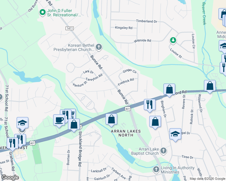 map of restaurants, bars, coffee shops, grocery stores, and more near 6504 Lagoon Drive in Fayetteville