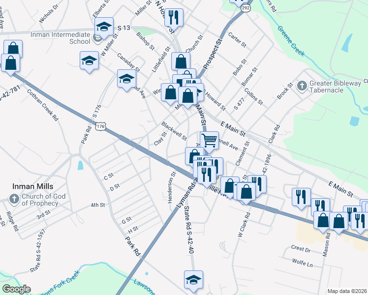 map of restaurants, bars, coffee shops, grocery stores, and more near 28 Blackstock Road in Inman