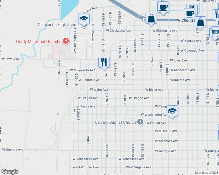 map of restaurants, bars, coffee shops, grocery stores, and more near 625 South 17th Street in Chickasha