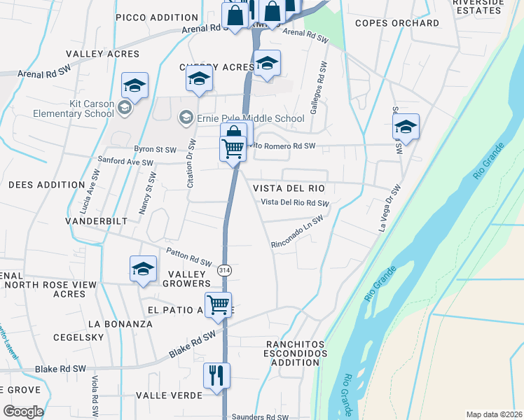 map of restaurants, bars, coffee shops, grocery stores, and more near 1420 Vista Del Rio Road Southwest in Albuquerque