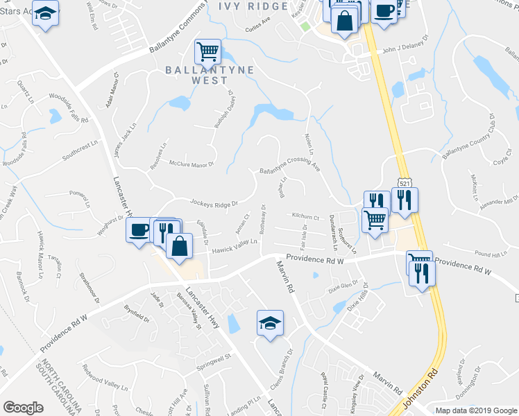 map of restaurants, bars, coffee shops, grocery stores, and more near 15010 Annan Court in Charlotte