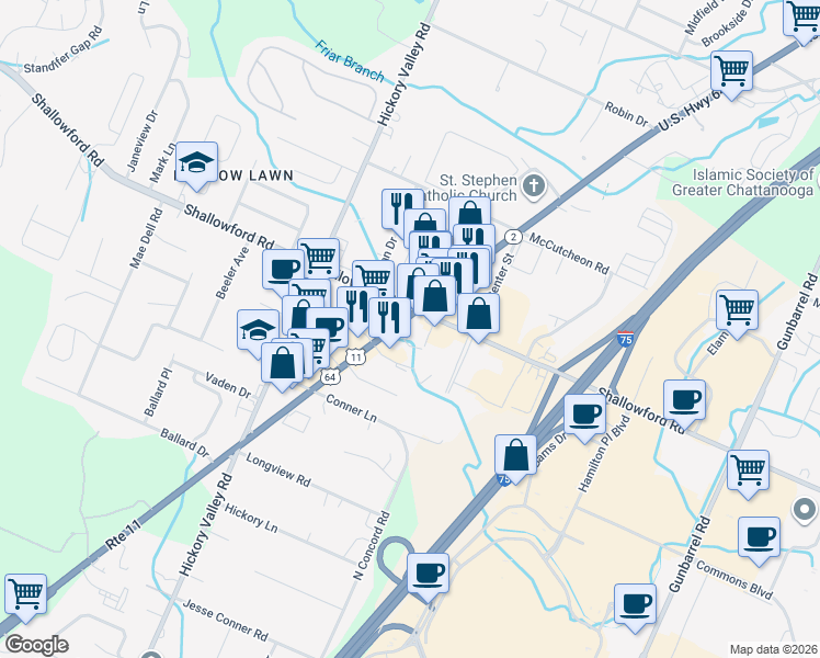 map of restaurants, bars, coffee shops, grocery stores, and more near 6960 Old Lee Highway in Chattanooga