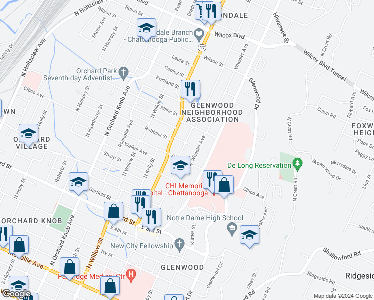 map of restaurants, bars, coffee shops, grocery stores, and more near 852 Arlington Avenue in Chattanooga