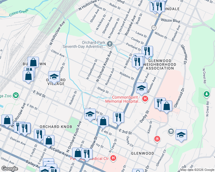 map of restaurants, bars, coffee shops, grocery stores, and more near 1917 Jackson Street in Chattanooga