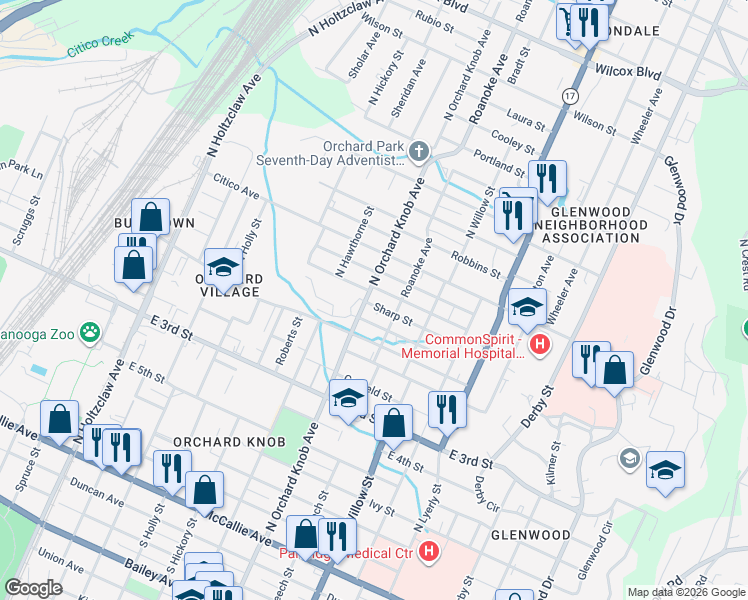 map of restaurants, bars, coffee shops, grocery stores, and more near 1820 Jackson Street in Chattanooga